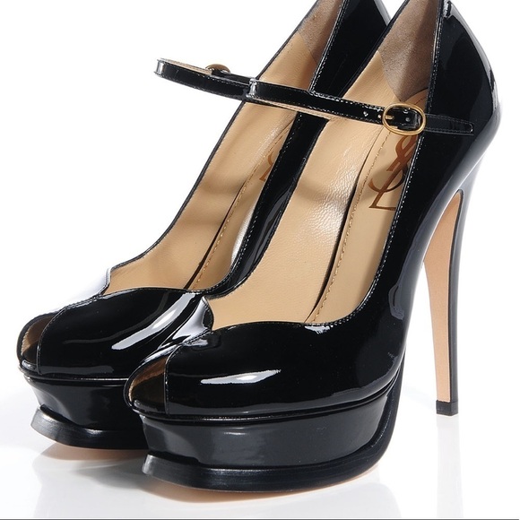 YSL- Tribute Black Patent Leather Mary Jane Peep Toe Platform Heel - Picture 2 of 14